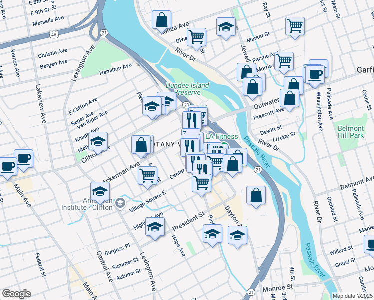 map of restaurants, bars, coffee shops, grocery stores, and more near 283 Parker Avenue in Clifton