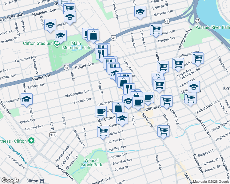 map of restaurants, bars, coffee shops, grocery stores, and more near 76 Washington Avenue in Clifton