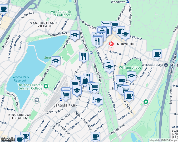 map of restaurants, bars, coffee shops, grocery stores, and more near Grand Concourse & Van Cortlandt Avenue East in Bronx