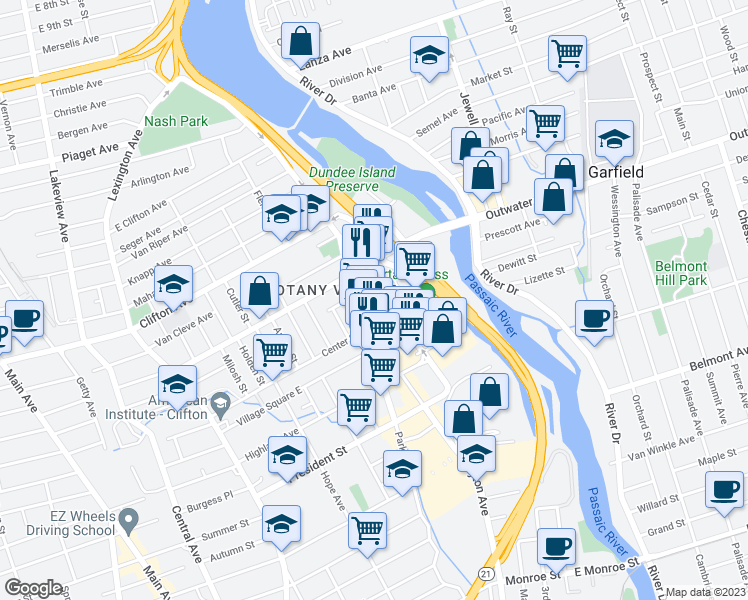 map of restaurants, bars, coffee shops, grocery stores, and more near 44 Durant Avenue in Clifton