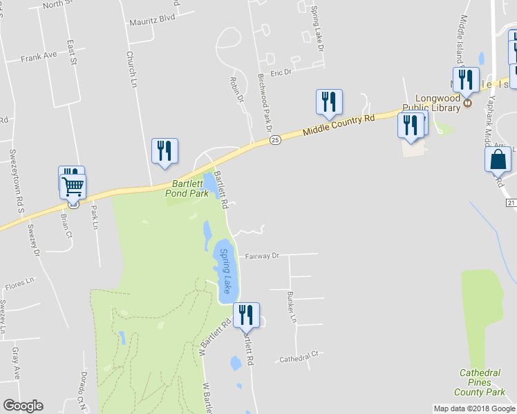 map of restaurants, bars, coffee shops, grocery stores, and more near 11 East Bartlett Road in Middle Island