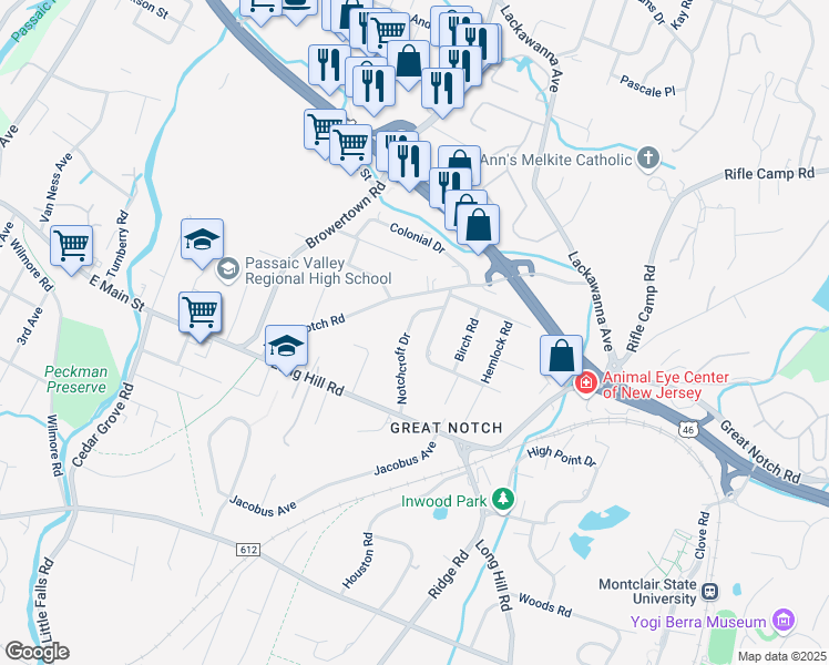 map of restaurants, bars, coffee shops, grocery stores, and more near 124 Lower Notch Road in Little Falls