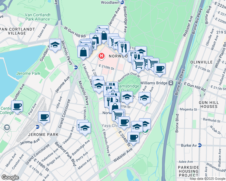 map of restaurants, bars, coffee shops, grocery stores, and more near 3266 Bainbridge Avenue in Bronx