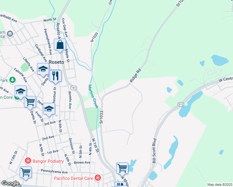 map of restaurants, bars, coffee shops, grocery stores, and more near 40 Ridge Road in Bangor