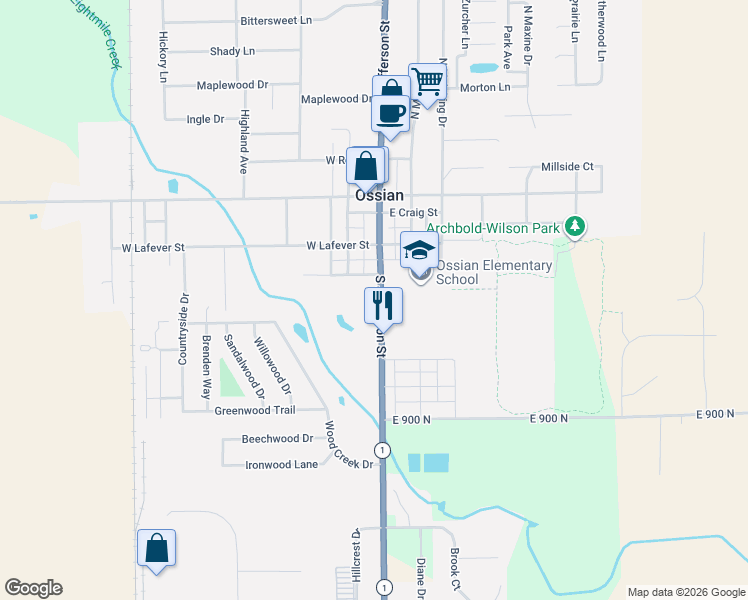 map of restaurants, bars, coffee shops, grocery stores, and more near 101-319 West Young Street in Ossian