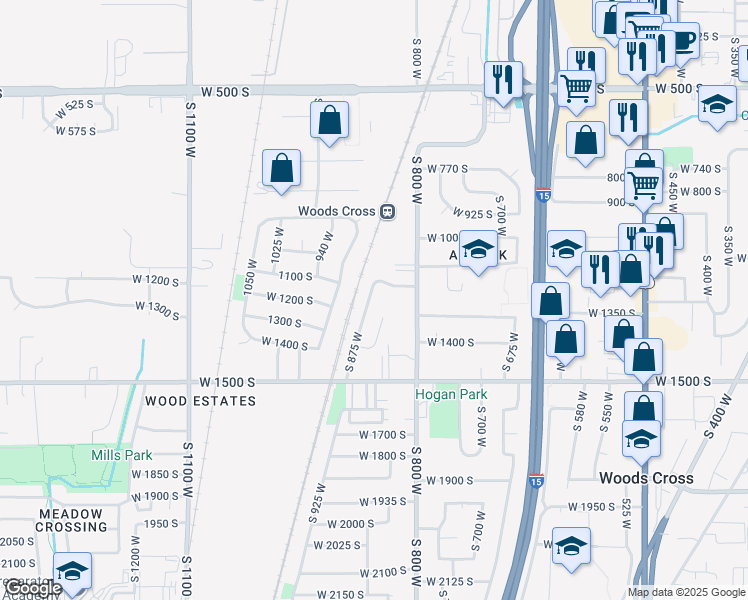 map of restaurants, bars, coffee shops, grocery stores, and more near 1193 South 875 West in Woods Cross