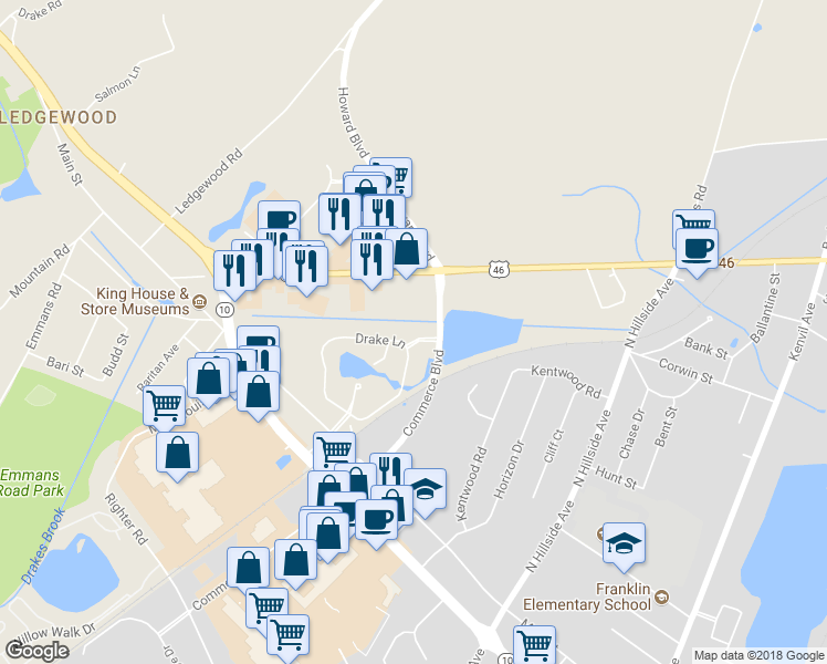 map of restaurants, bars, coffee shops, grocery stores, and more near 113 Drake Lane in Roxbury Township