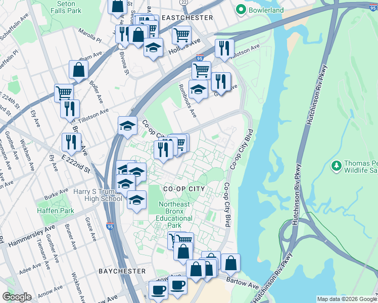 map of restaurants, bars, coffee shops, grocery stores, and more near 115 Dreiser Loop in Bronx