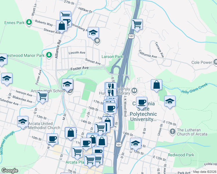 map of restaurants, bars, coffee shops, grocery stores, and more near 1935 H Street in Arcata