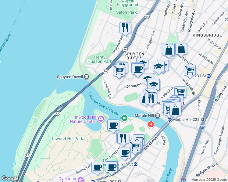 map of restaurants, bars, coffee shops, grocery stores, and more near in The Bronx
