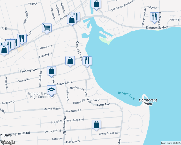 map of restaurants, bars, coffee shops, grocery stores, and more near 49 Canoe Place Road in Hampton Bays