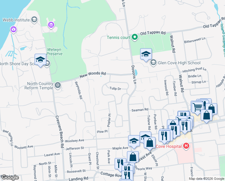 map of restaurants, bars, coffee shops, grocery stores, and more near 60 Buckeye Road in Glen Cove