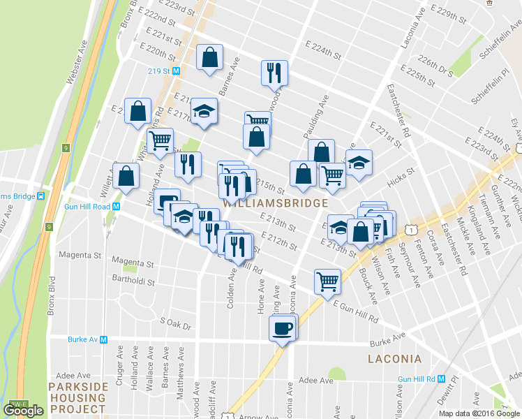 map of restaurants, bars, coffee shops, grocery stores, and more near 945 East 214th Street in Bronx