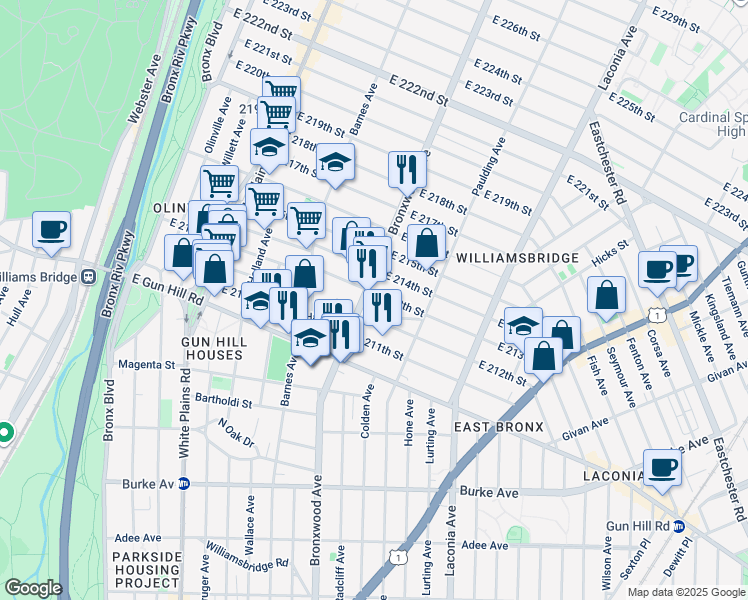 map of restaurants, bars, coffee shops, grocery stores, and more near 912 East 214th Street in Bronx