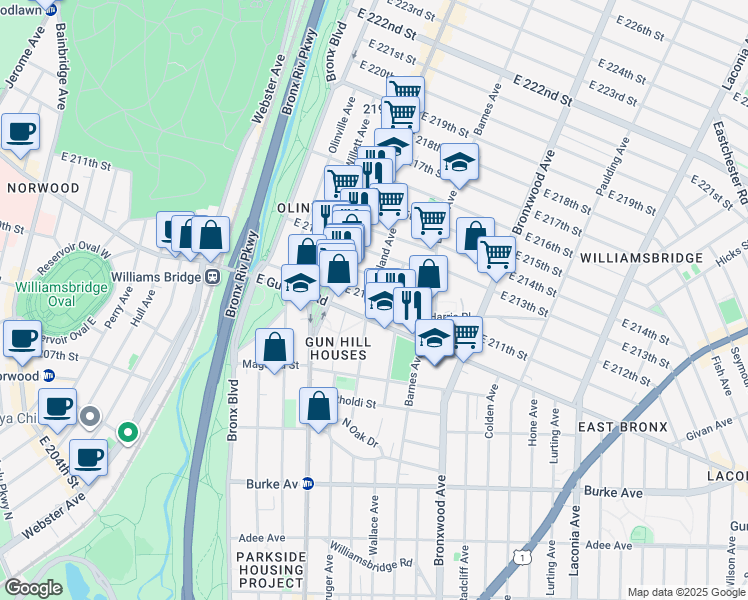 map of restaurants, bars, coffee shops, grocery stores, and more near 728 East 212th Street in Bronx