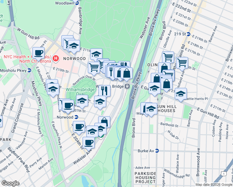 map of restaurants, bars, coffee shops, grocery stores, and more near in The Bronx
