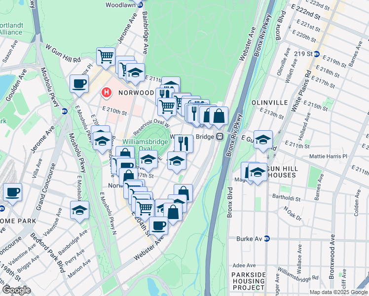map of restaurants, bars, coffee shops, grocery stores, and more near 3335 Perry Avenue in The Bronx