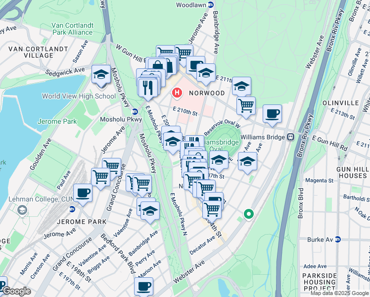 map of restaurants, bars, coffee shops, grocery stores, and more near 106 East 208th Street in Bronx