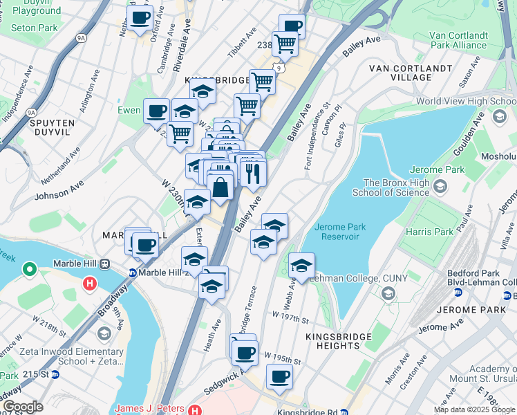 map of restaurants, bars, coffee shops, grocery stores, and more near 3100 Bailey Avenue in Bronx