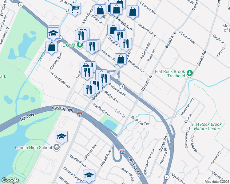 map of restaurants, bars, coffee shops, grocery stores, and more near 111 Rockwood Place in Englewood