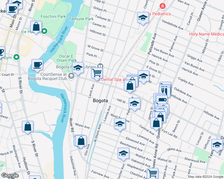 map of restaurants, bars, coffee shops, grocery stores, and more near 348 Leonia Avenue in Bogota