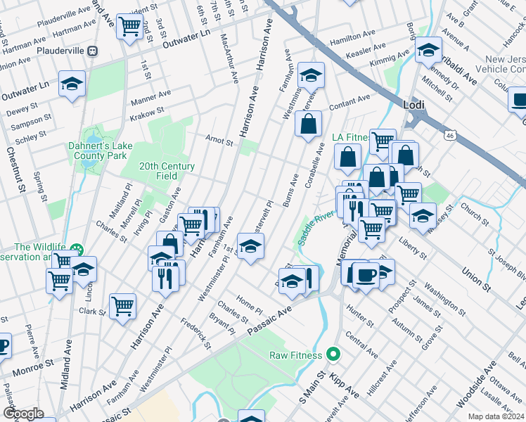 map of restaurants, bars, coffee shops, grocery stores, and more near 45 Willard Street in Lodi