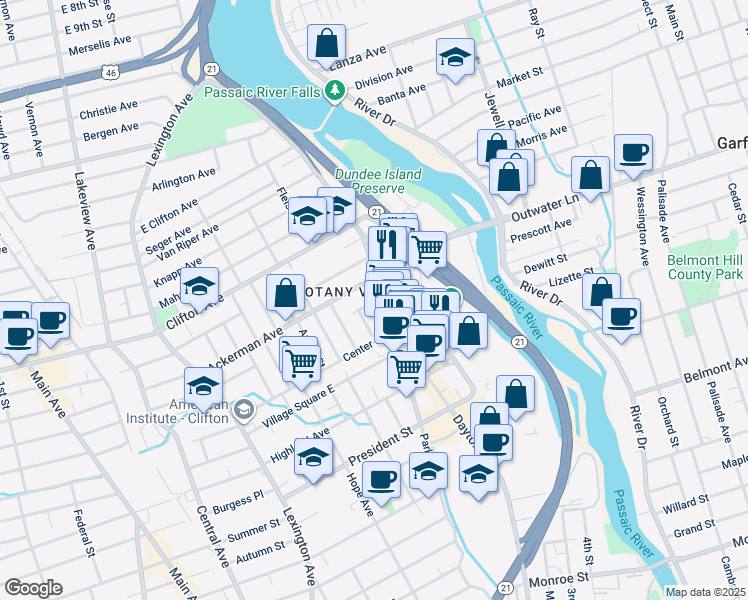 map of restaurants, bars, coffee shops, grocery stores, and more near 93 Randolph Avenue in Clifton