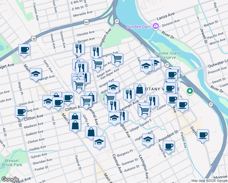 map of restaurants, bars, coffee shops, grocery stores, and more near 137 Mahar Avenue in Clifton