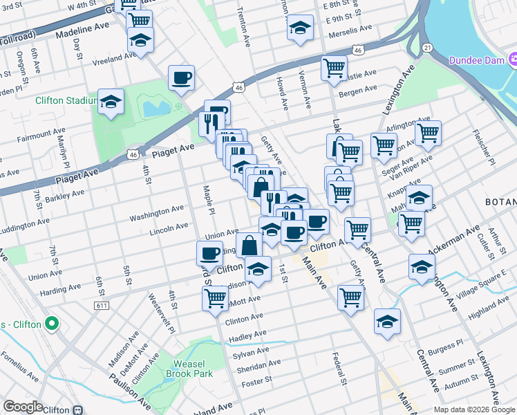 map of restaurants, bars, coffee shops, grocery stores, and more near 1232 Main Avenue in Clifton