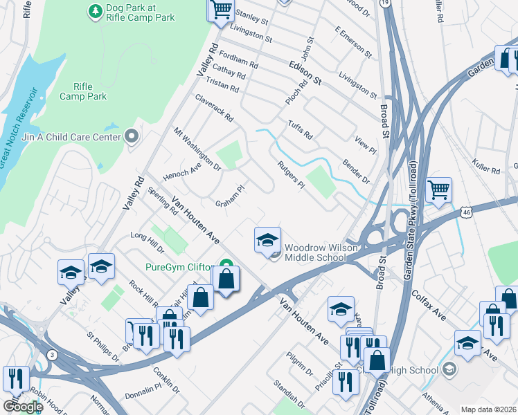 map of restaurants, bars, coffee shops, grocery stores, and more near 5 Graham Place in Clifton
