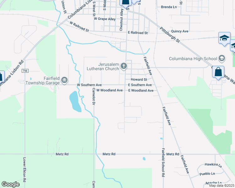 map of restaurants, bars, coffee shops, grocery stores, and more near 47 West Southern Avenue in Columbiana