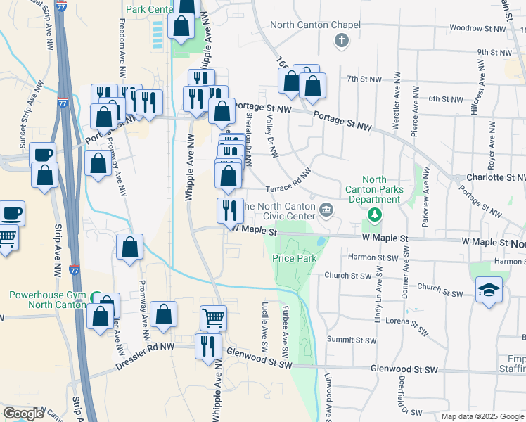 map of restaurants, bars, coffee shops, grocery stores, and more near 202 Shaker Avenue Northwest in North Canton