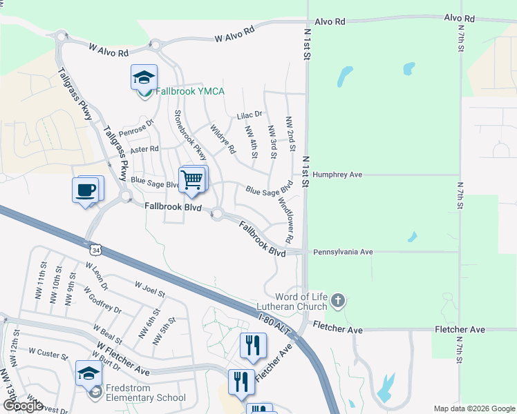 map of restaurants, bars, coffee shops, grocery stores, and more near 307 Blue Sage Boulevard in Lincoln