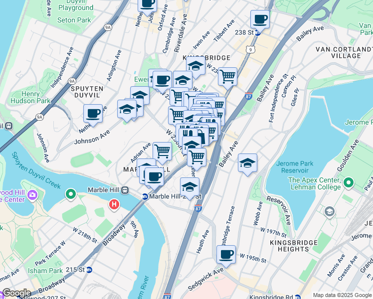 map of restaurants, bars, coffee shops, grocery stores, and more near in The Bronx