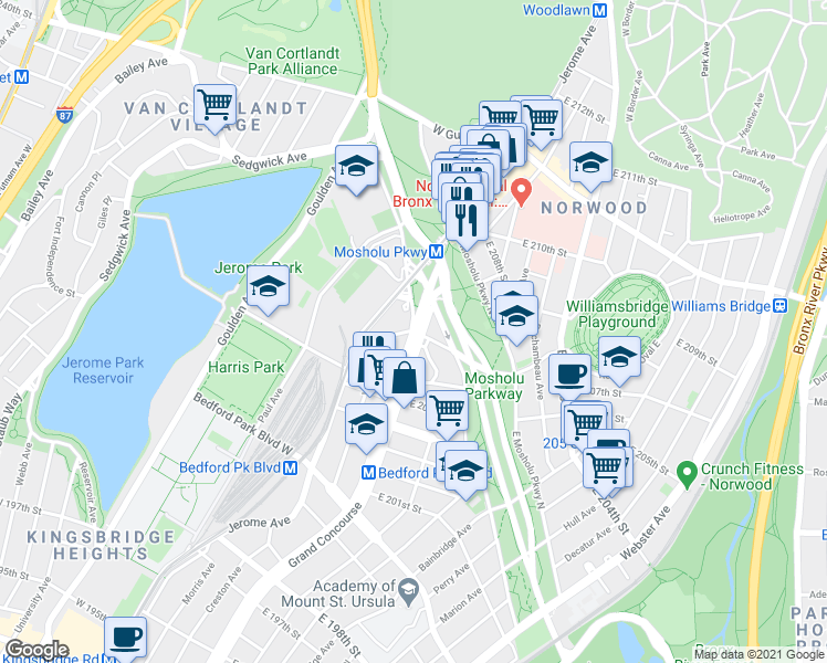 map of restaurants, bars, coffee shops, grocery stores, and more near Grand Concourse & Van Cortlandt Ave E in Bronx