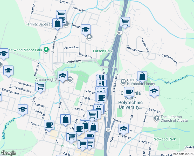 map of restaurants, bars, coffee shops, grocery stores, and more near 1981 H Street in Arcata