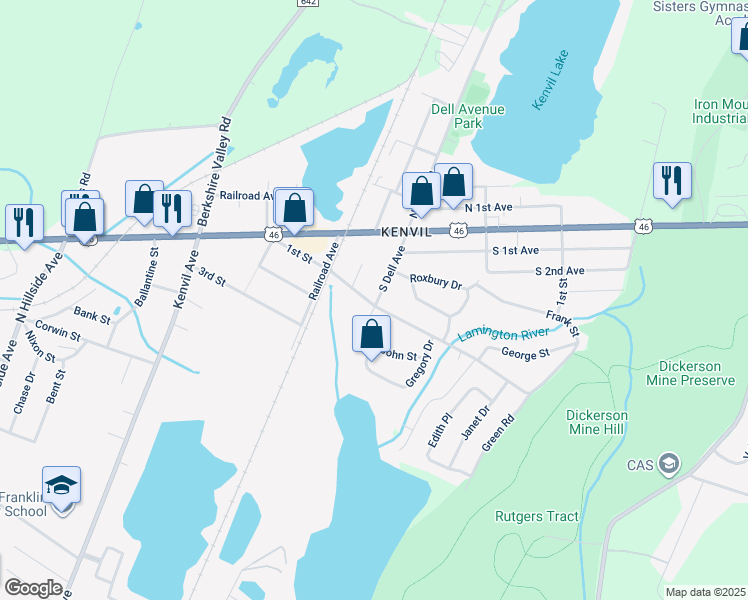 map of restaurants, bars, coffee shops, grocery stores, and more near 20 1st Street in Roxbury Township