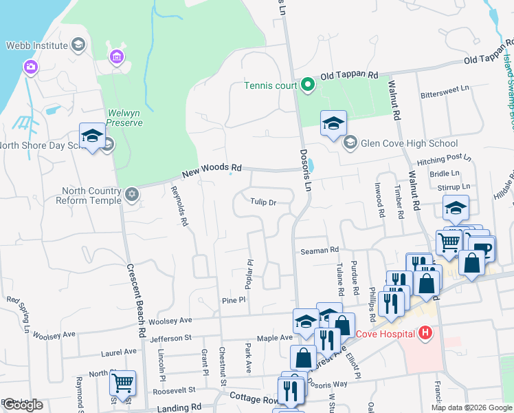 map of restaurants, bars, coffee shops, grocery stores, and more near 60 Buckeye Road in Glen Cove