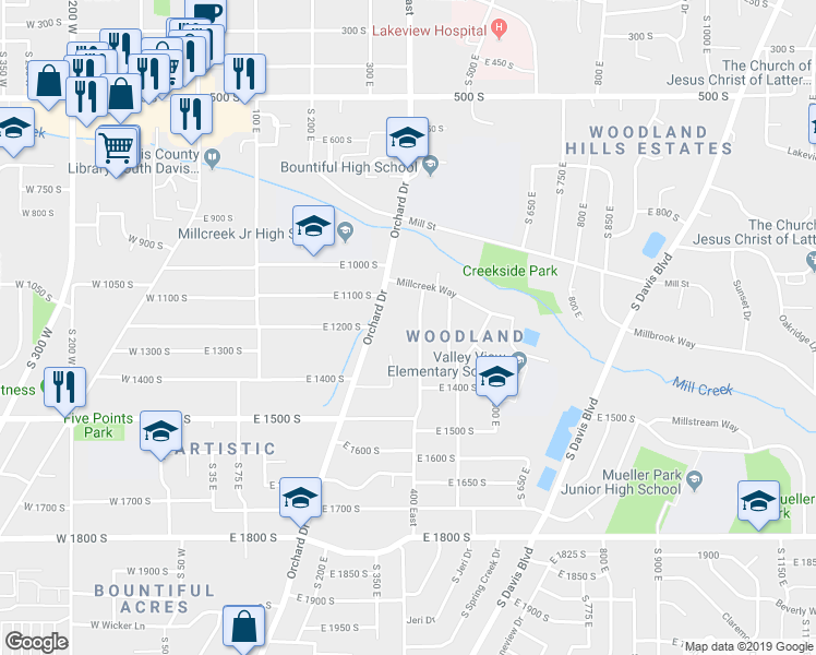 map of restaurants, bars, coffee shops, grocery stores, and more near 1196 South 400 East in Bountiful