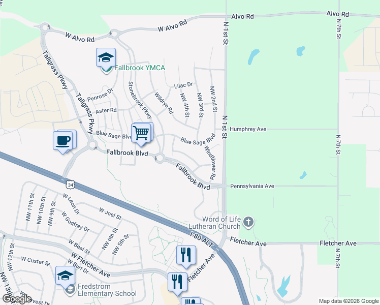 map of restaurants, bars, coffee shops, grocery stores, and more near 307 Blue Sage Boulevard in Lincoln
