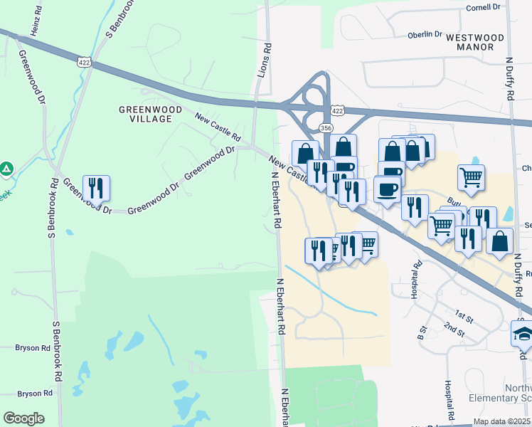 map of restaurants, bars, coffee shops, grocery stores, and more near 177 North Eberhart Road in Butler