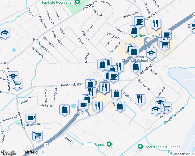 map of restaurants, bars, coffee shops, grocery stores, and more near in Fairfield