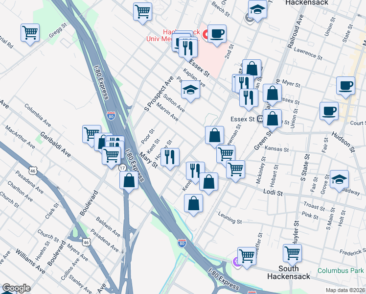map of restaurants, bars, coffee shops, grocery stores, and more near 138 Ames Street in Hackensack