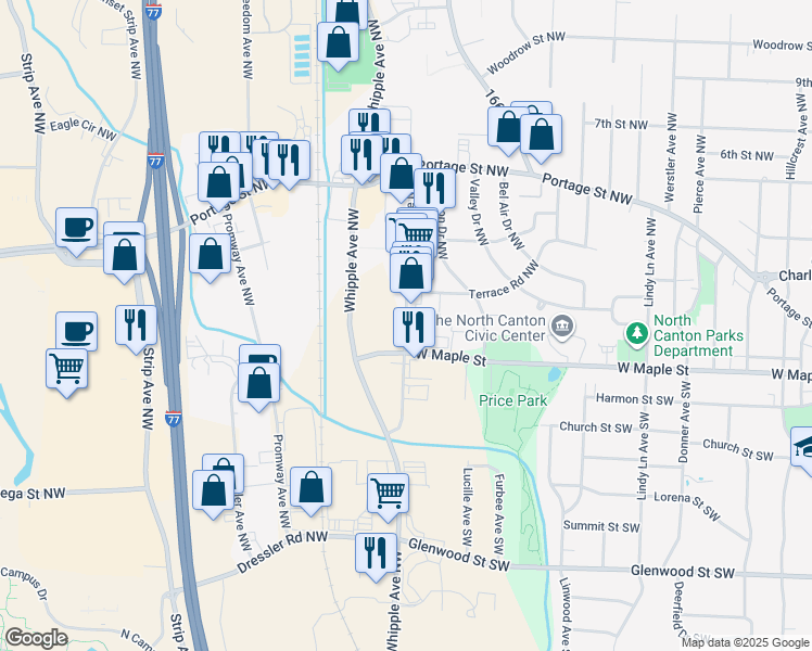 map of restaurants, bars, coffee shops, grocery stores, and more near 4811 Whipple Avenue Northwest in Canton