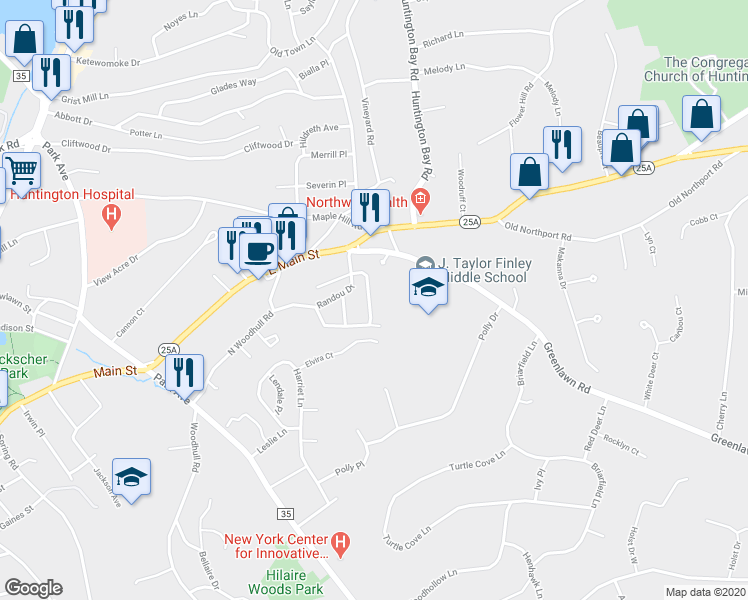 map of restaurants, bars, coffee shops, grocery stores, and more near 19 Aberdeen Drive in Huntington