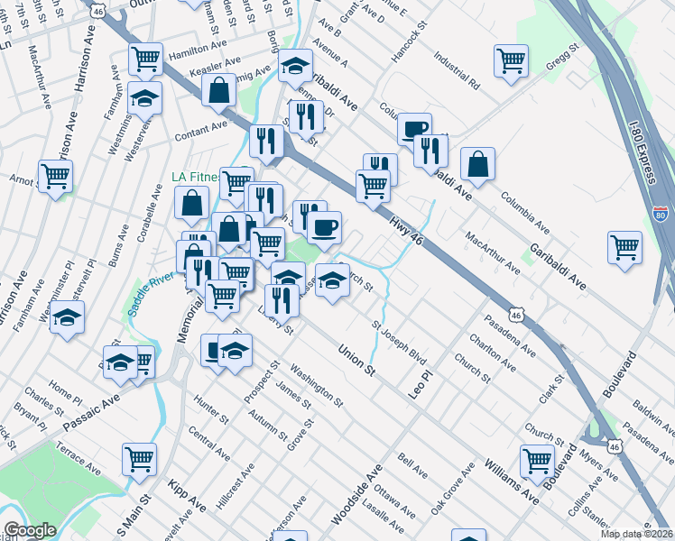 map of restaurants, bars, coffee shops, grocery stores, and more near 100 Church Street in Lodi