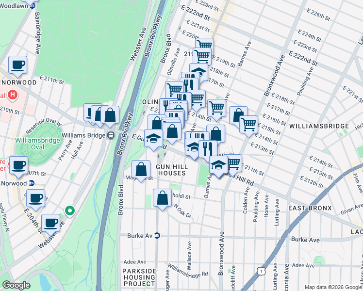 map of restaurants, bars, coffee shops, grocery stores, and more near 728 East 212th Street in Bronx
