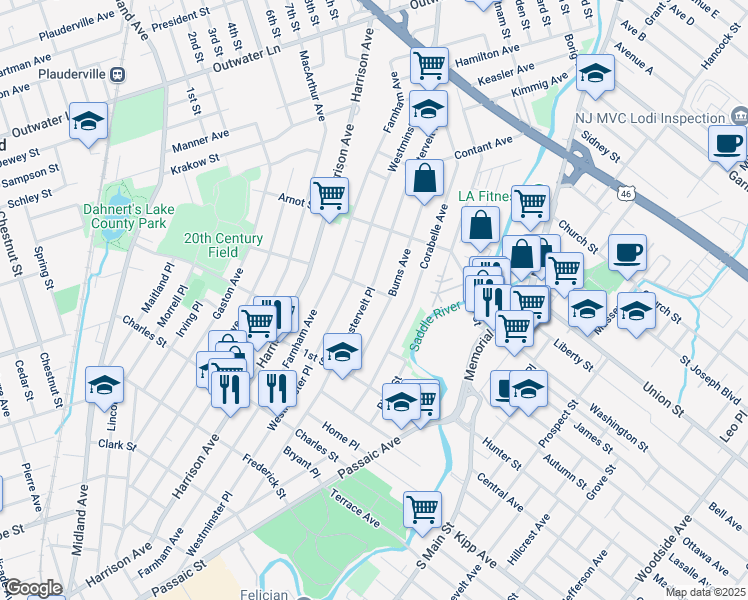 map of restaurants, bars, coffee shops, grocery stores, and more near 45 Willard Street in Lodi