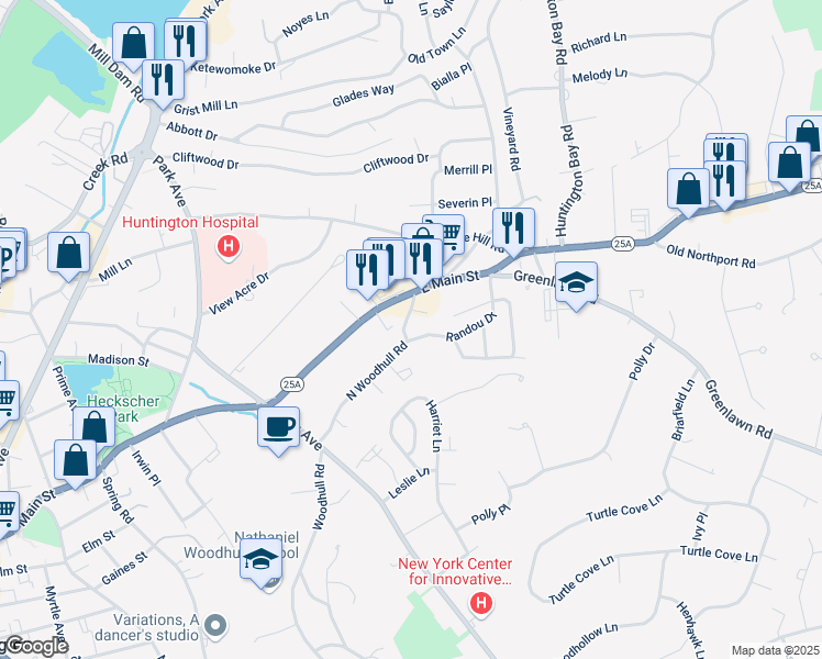 map of restaurants, bars, coffee shops, grocery stores, and more near 86 North Woodhull Road in Huntington