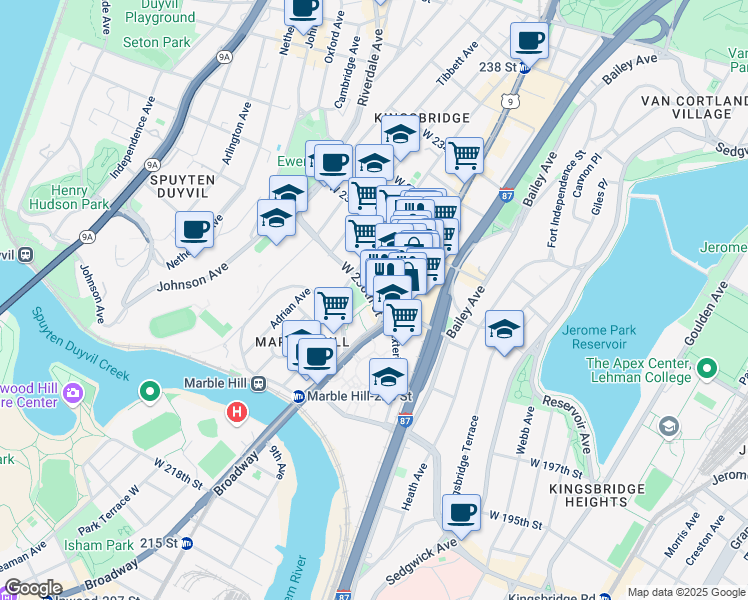 map of restaurants, bars, coffee shops, grocery stores, and more near West 230th Street & Godwin Terrace in Bronx